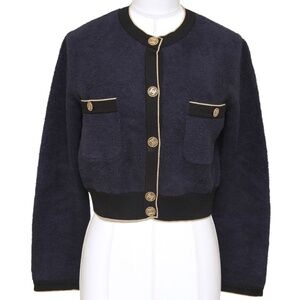 CHANEL Cardigan Sweater Navy lack Gold Buttons Long Sleeve Crew Neck Sz 36 2019